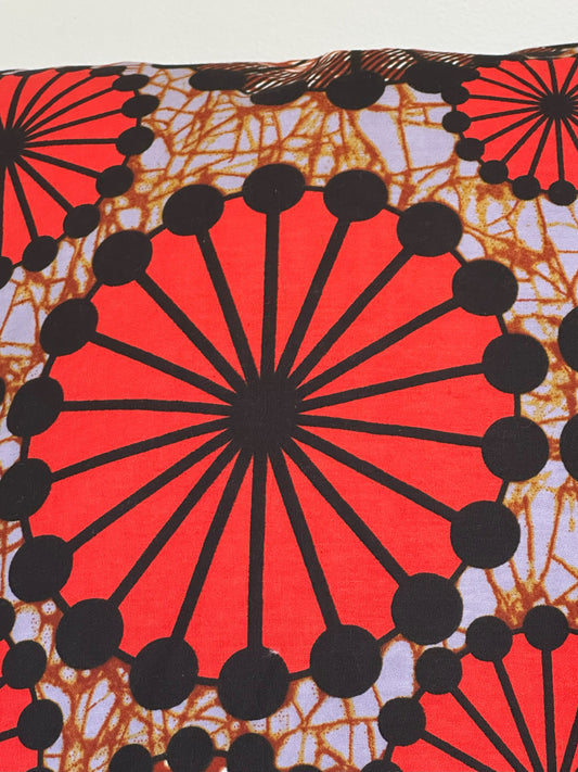 African Wax Fabric Orange Geometric Circles, 18 Inch Square Pillow Cover