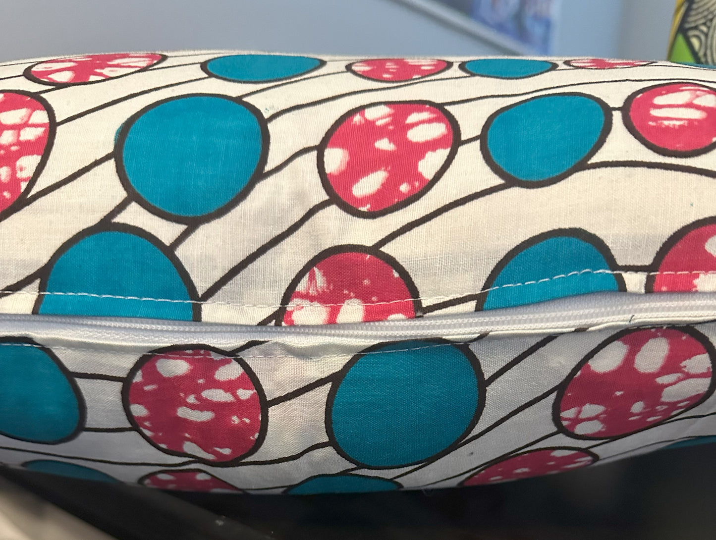 African Wax Fabric Pink and Teal Circles, 16-Inch Square Pillow Cover
