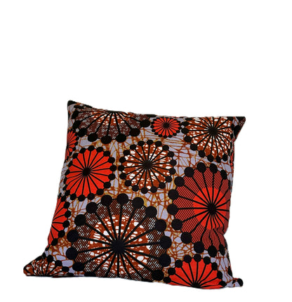 African Wax Fabric Orange Geometric Circles, 18 Inch Square Pillow Cover