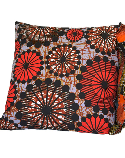 African Wax Fabric Orange Geometric Circles, 18 Inch Square Pillow Cover