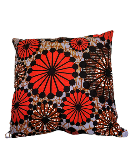 African Wax Fabric Orange Geometric Circles, 18 Inch Square Pillow Cover