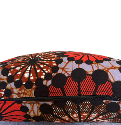 African Wax Fabric Orange Geometric Circles, 18 Inch Square Pillow Cover