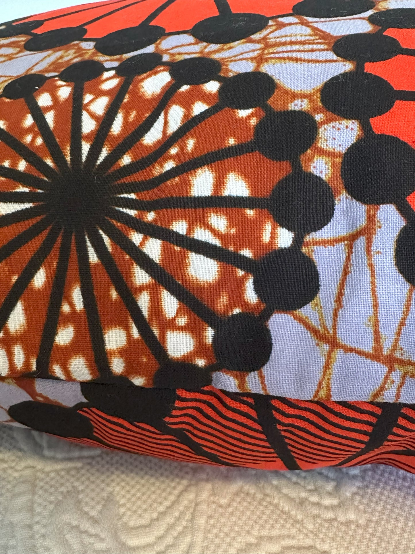 African Wax Fabric Orange Geometric Circles, 18 Inch Square Pillow Cover