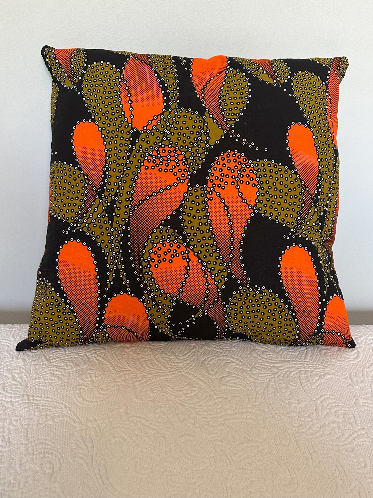 African Wax Fabric, Orange Ember Flow 18-Inch Square Pillow Cover