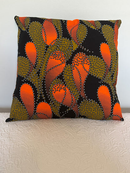 African Wax Fabric, Orange Ember Flow 18-Inch Square Pillow Cover