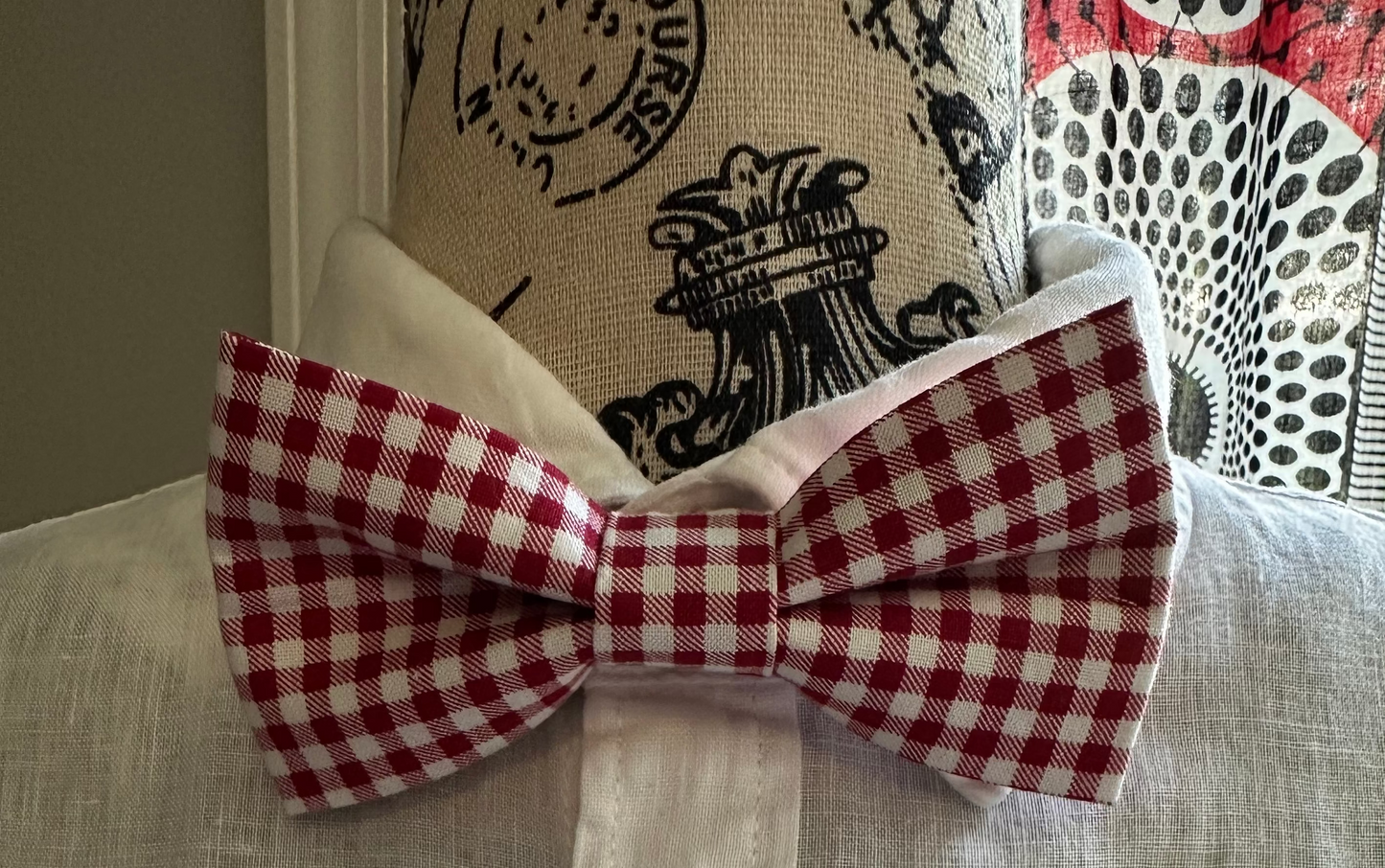 Red White Check Plain Bow Tie, Pre-Tied on Adjustable Strap