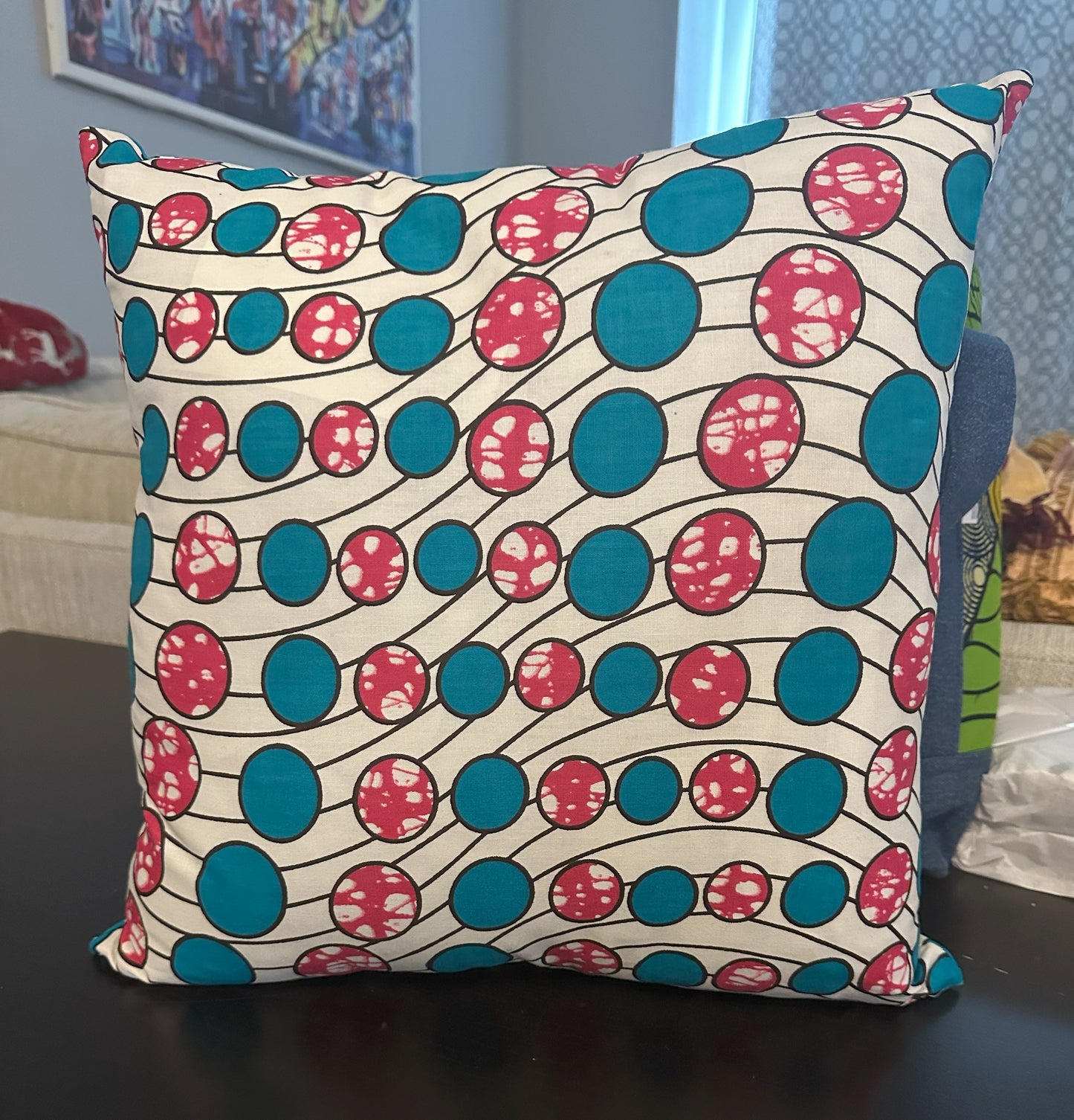 African Wax Fabric Pink and Teal Circles, 16-Inch Square Pillow Cover