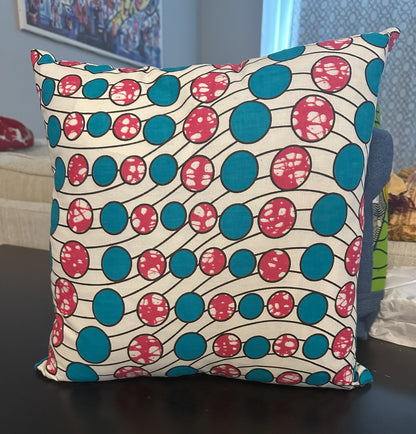 African Wax Fabric Pink and Teal Circles, 16-Inch Square Pillow Cover