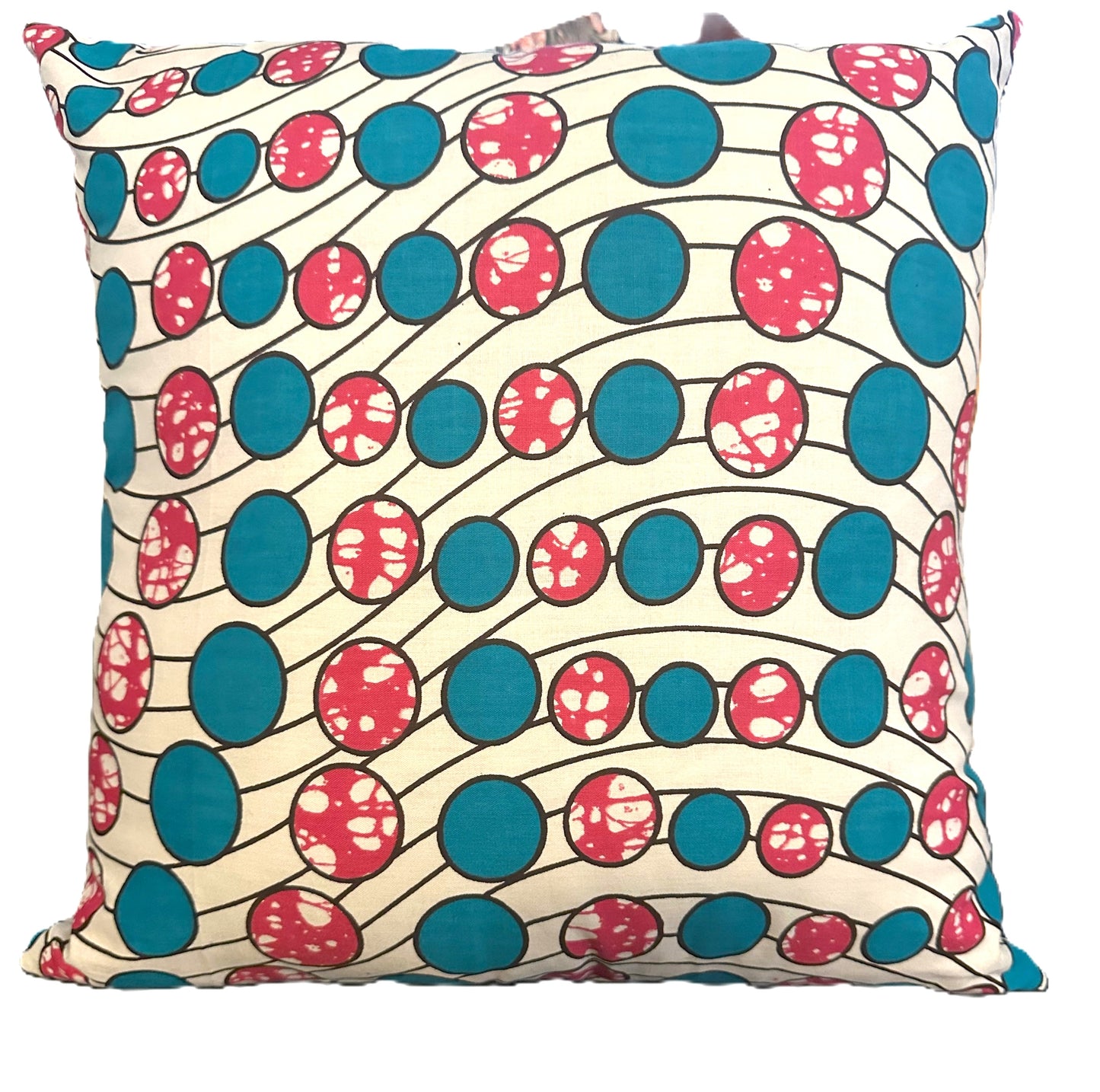 African Wax Fabric Pink and Teal Circles, 16-Inch Square Pillow Cover