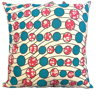 African Wax Fabric Pink and Teal Circles, 16-Inch Square Pillow Cover