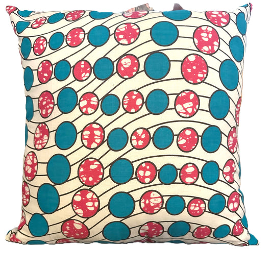 African Wax Fabric Pink and Teal Circles, 16-Inch Square Pillow Cover